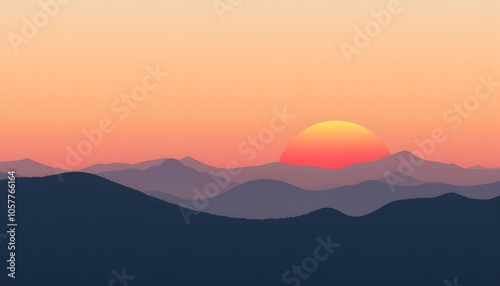 Stunning sunset over silhouette mountains with vibrant orange sun against pastel sky 