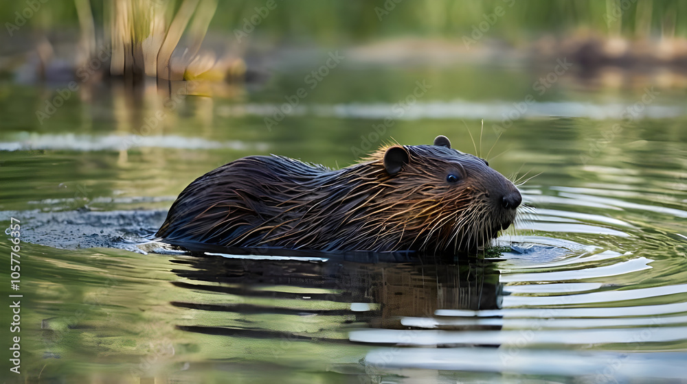 An American beaver is wading in the shallow water at the edge of a serene lake ai An American beaver is wading in the shallow water at the edge of a serene lake ai