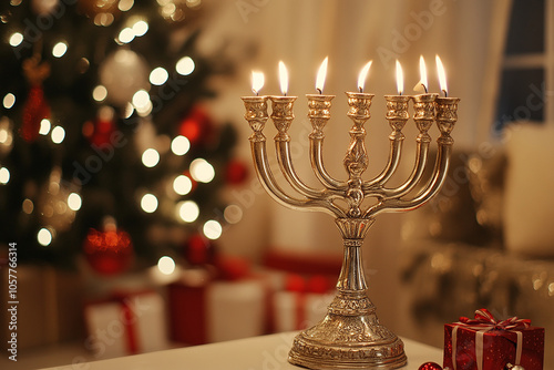 A beautiful silver and gold Hanukkah menorah with lit candles stands photo