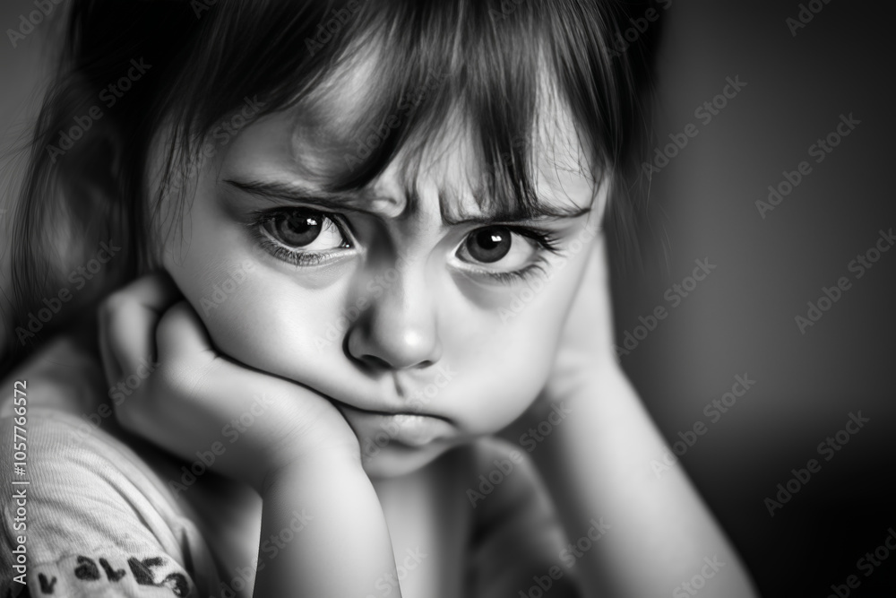 A young girl gazes with a contemplative expression, resting her chin on her hands. The lighting casts gentle shadows, emphasizing her curiosity and emotions in the quiet space. Generative AI A young girl gazes with a contemplative expression, resting her chin on her hands. The lighting casts gentle shadows, emphasizing her curiosity and emotions in the quiet space. Generative AI