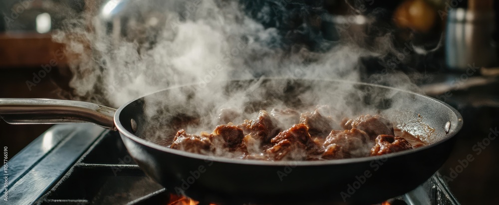 Close-up of meat cooking in a pan, releasing steam. Close-up of meat cooking in a pan, releasing steam.