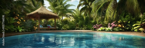 Tropical Poolside Oasis: Palms, Flowers, Cabana; Use Vibrant Palette 