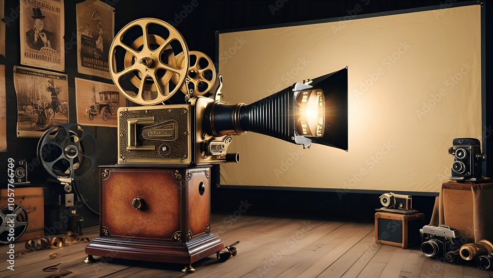 Fototapeta premium A old movie projector is in operation on World Day for Audiovisual Heritage, highlighting preservation and nostalgia.