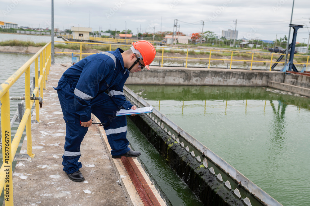 Water plant maintenance technicians, mechanical engineers check the control system at the water treatment plant. Water plant maintenance technicians, mechanical engineers check the control system at the water treatment plant.