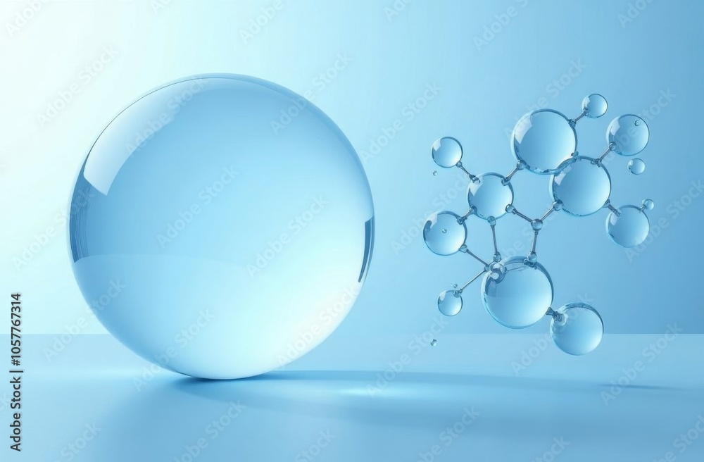 Humidification concept. A ball of water containing the formulas of the molecule. The science of beauty. Place for text Humidification concept. A ball of water containing the formulas of the molecule. The science of beauty. Place for text