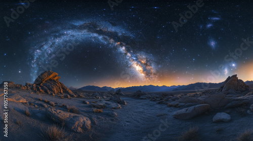 A panoramic view of the Milky Way in a dark night sky, filled with stars, nebulae, and galaxies.