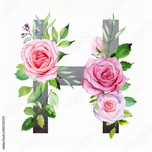 Watercolor Roses Adorn Letter H: Elegant Floral Design photo