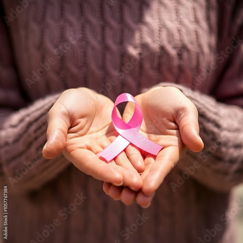 close up of woman hands holding pink breast cancer awareness ribbon