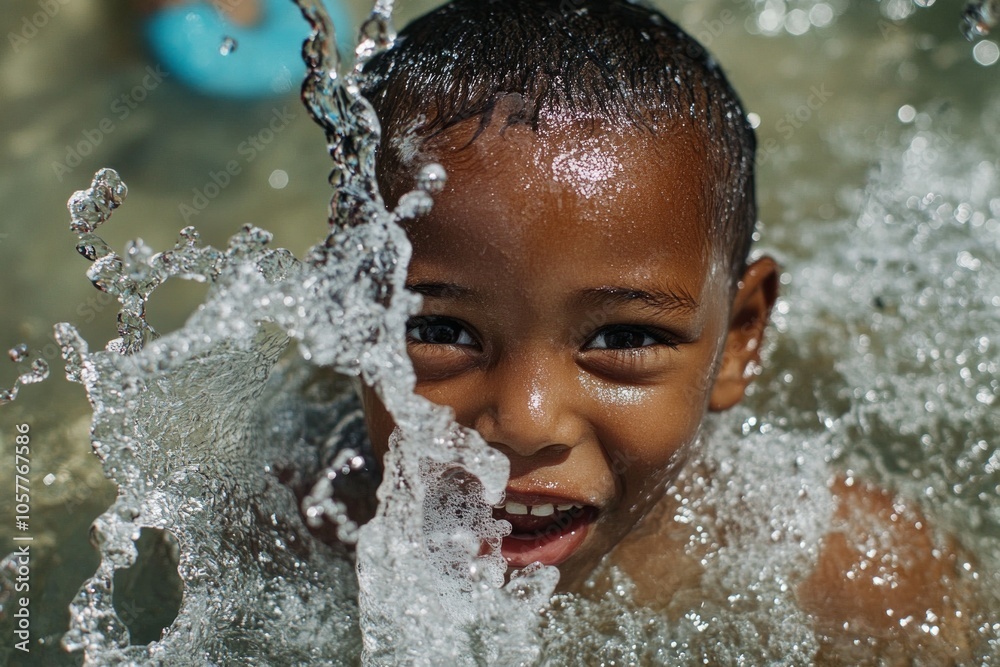 Joyful splash: child's excited face in water, capturing summer fun and playful expression Joyful splash: child's excited face in water, capturing summer fun and playful expression