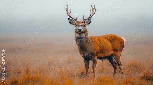 A majestic buck deer with large antlers stands in a field of tall grass on a foggy day.