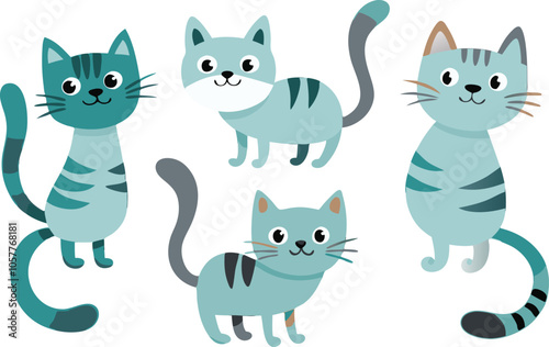 Cute Cartoon Blue Striped Cats with Tails