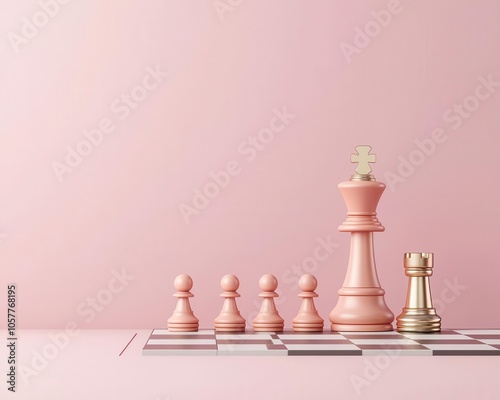 Success strategy, chessboard with financial pieces, 3D illustration