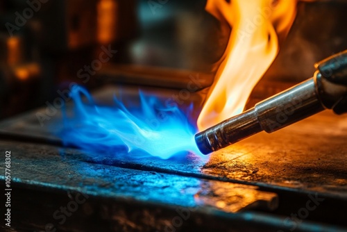 Industrial metal welding with blue and orange flame photo