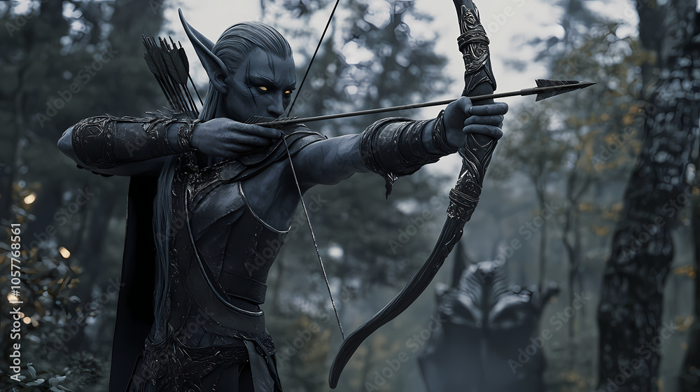 Dark elf archer in shadowy forest - detailed 3d fantasy character with ...