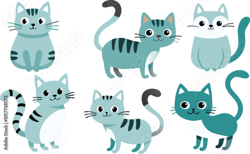 Cute Cartoon Cats in Blue and White