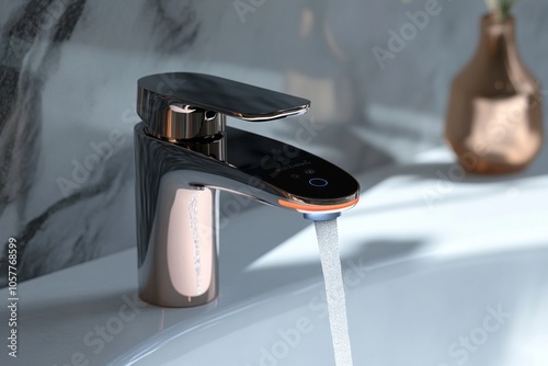 Modern smart faucet with touch controls and water flow in elegant bathroom setting photo