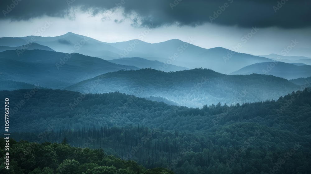 Layers of mountain ridges and forests beneath a moody sky Layers of mountain ridges and forests beneath a moody sky