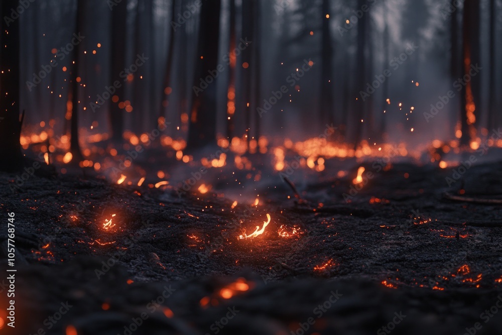 Forest fire embers glowing in charred landscape at dusk Forest fire embers glowing in charred landscape at dusk