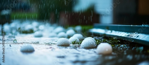 Waterlogged garden features hail stones deposited under downspouts after a thunderstorm. photo