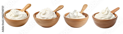 Wooden bowl with sour cream with spoon isolated on transparent background