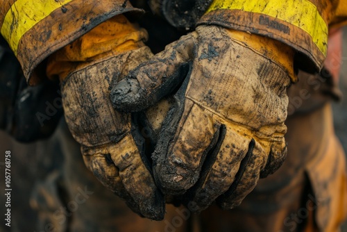 Close-up of firefighter's dirty gloves in action photo