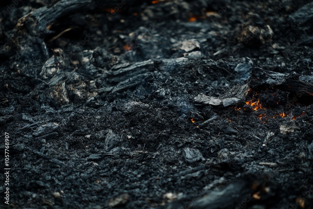 Close-up of smoldering charcoal and ash with glowing embers Close-up of smoldering charcoal and ash with glowing embers