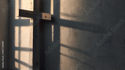 Cross in praying room with light shadows in wall