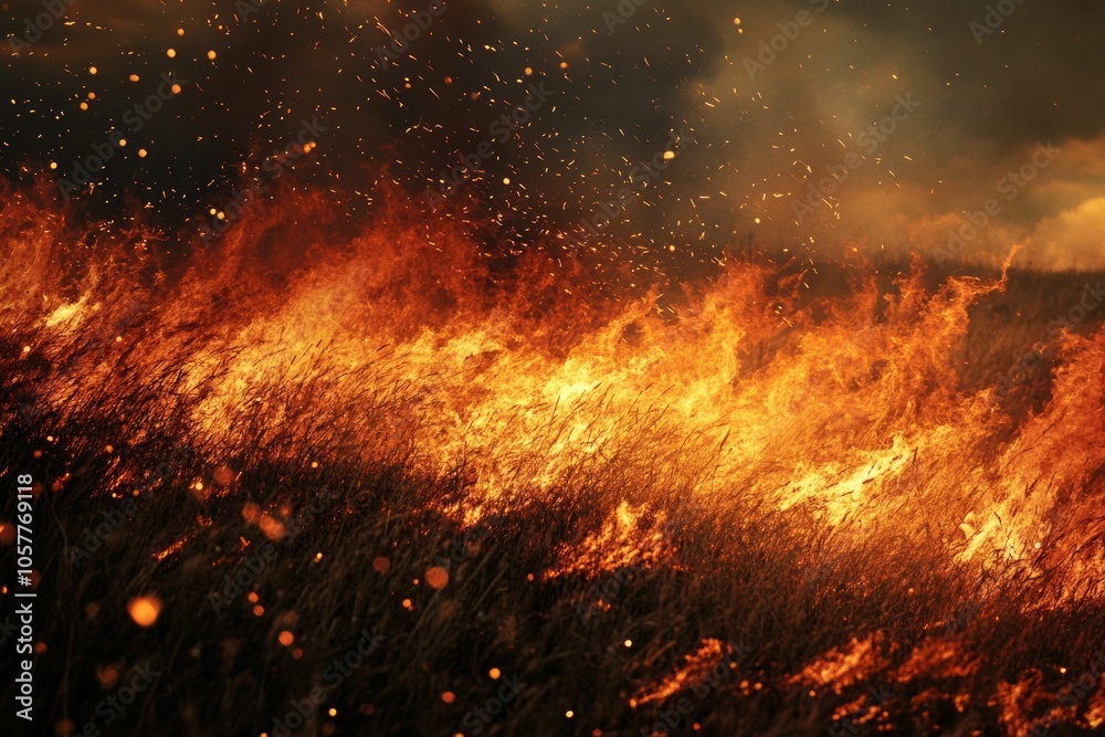 Raging wildfire across dry grassland with intense flames and smoke at sunset Raging wildfire across dry grassland with intense flames and smoke at sunset