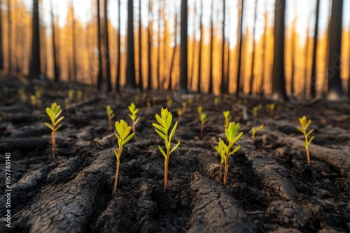 New growth emerging in burned forest after wildfire destruction