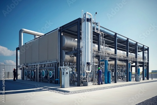 Modern industrial gas plant with workers under a clear blue sky photo