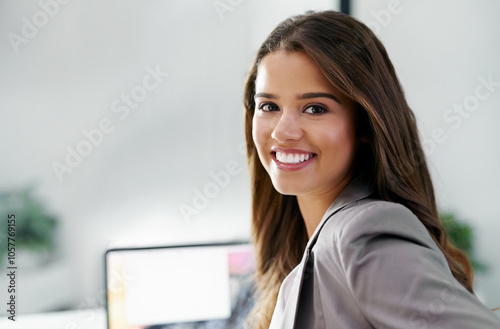 Accounting, portrait or happy businesswoman on laptop for online research, fintech or profit evaluation. Face, glasses or economist with technology for company revenue growth, report or investment photo