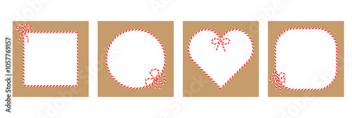 Set of square craft brown backgrounds with candy cane ribbon. Christmas packing string for decoration and present