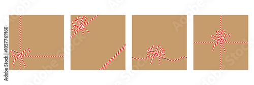 Set of square craft brown backgrounds with candy cane ribbon. Christmas packing string for decoration and present