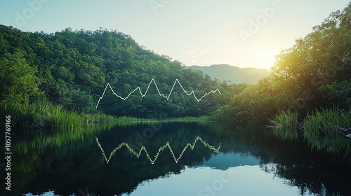 A graphical representation of a rising stock market trend line superimposed on a serene natural backdrop, Ai photo