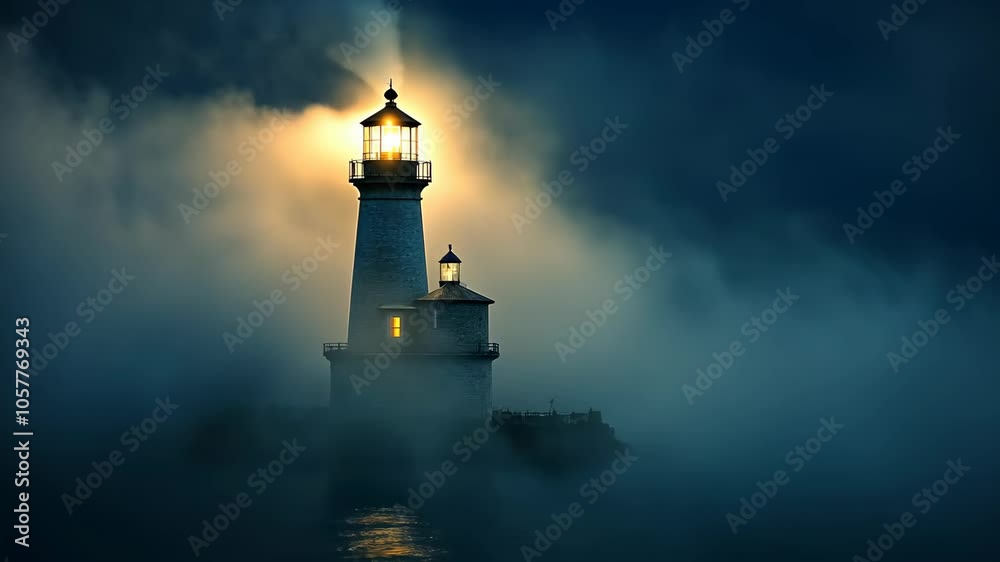 A tall lighthouse shines its light through the fog on a dark night A tall lighthouse shines its light through the fog on a dark night