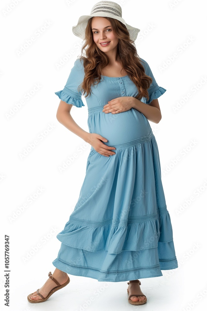 Pregnant woman in blue clothes isolated on white background