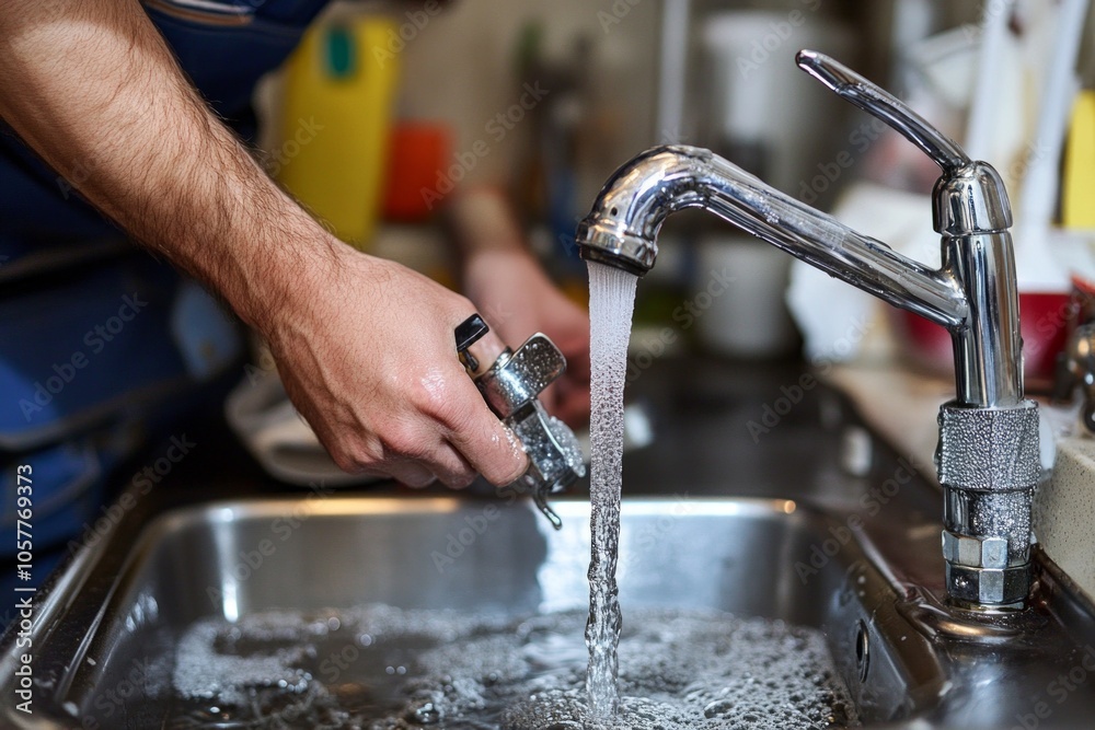 Plumber fixing kitchen faucet with running water in modern sink Plumber fixing kitchen faucet with running water in modern sink
