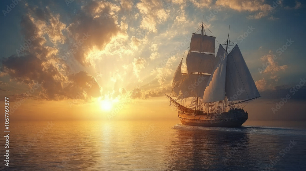 A sailing ship heading out to open sea in the evening, with sunlight reflecting off the ocean bay in a scenic 3D visualization. A sailing ship heading out to open sea in the evening, with sunlight reflecting off the ocean bay in a scenic 3D visualization.