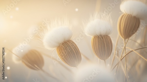 Closeup of milkweed pods releasing their fluffy white seeds into the air, with a soft focus that enhances the ethereal and magical feeling of the moment photo