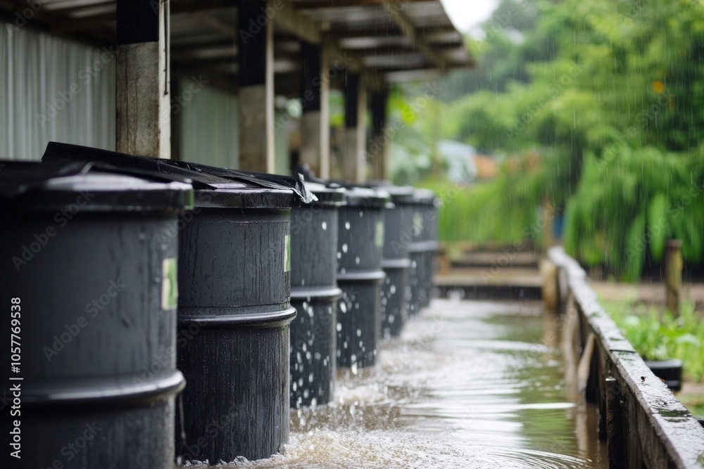 Rainwater harvesting barrels in a lush garden setting during rainfall Rainwater harvesting barrels in a lush garden setting during rainfall