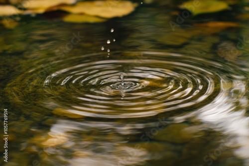 Tranquil water ripples with droplets and autumn leaves reflections