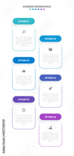 Vertical progress bar featuring 6 arrow-shaped elements, symbolizing the six stages of business strategy and progression. Clean timeline infographic design template. Vector for mobile presentation.