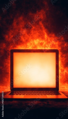 A laptop surrounded by fiery flames, representing digital intensity.