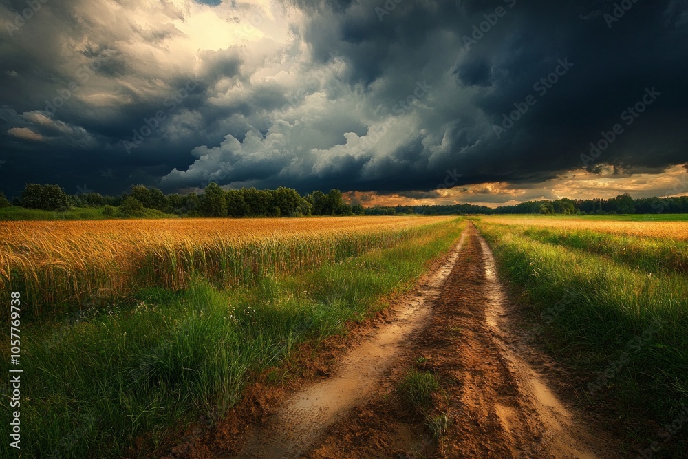 Obraz premium Dramatic storm clouds over wheat field with muddy path