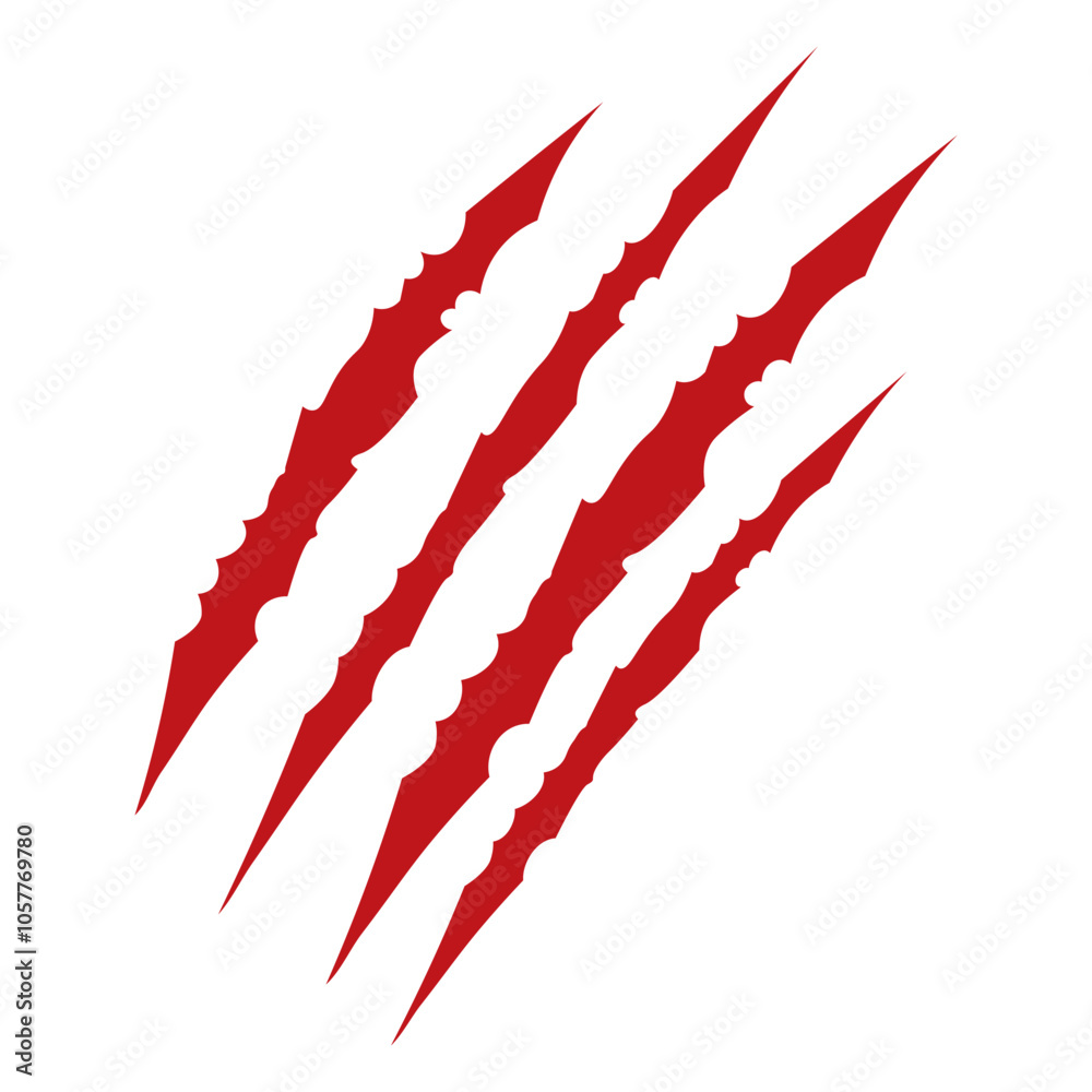 Red claws scratche animal. Four scratches shape. Wild animal claw marks. Funny design element
