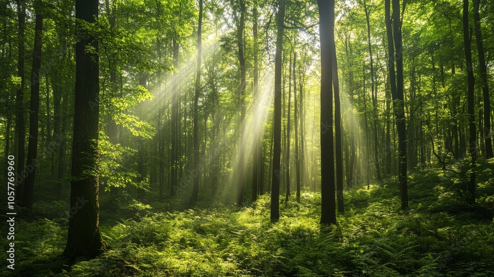 Fototapeta premium Lush green forest with sunlight filtering through the trees, representing clean air