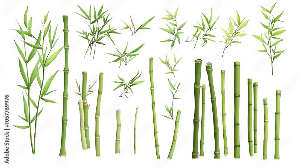 Naklejka premium Green Bamboo Sticks with Leaves Isolated on White Background 