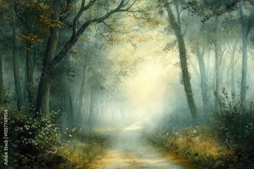 A Path Through a Misty Forest with Sunbeams Breaking Through the Canopy