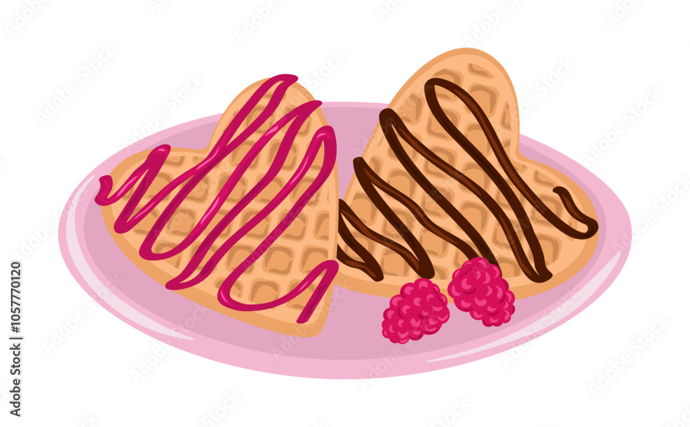 Hand drawn heart shaped waffles with jam and chocolate topping and raspberries on a pink plate Hand drawn heart shaped waffles with jam and chocolate topping and raspberries on a pink plate