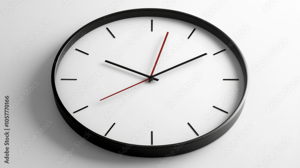Minimalist analog wall clock with a white face and simple black hands, displaying the time as 7:10, suited for modern decor. Minimalist analog wall clock with a white face and simple black hands, displaying the time as 7:10, suited for modern decor.